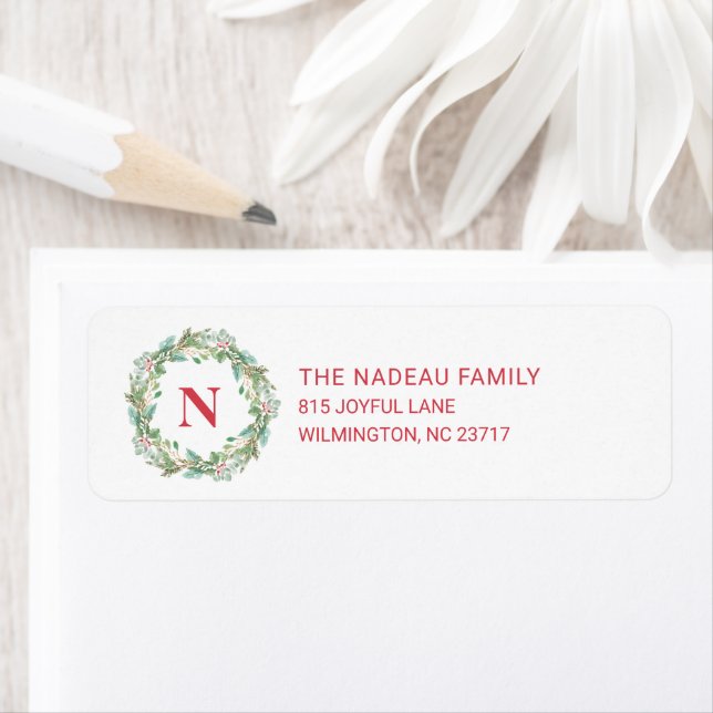 Simple Elegant Wreath Monogram Modern Christmas Label (Insitu)