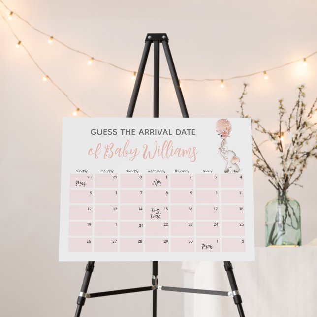 Simple Elephant Balloon Girl Baby Shower Due Date Foam Board (In Situ (Stand))