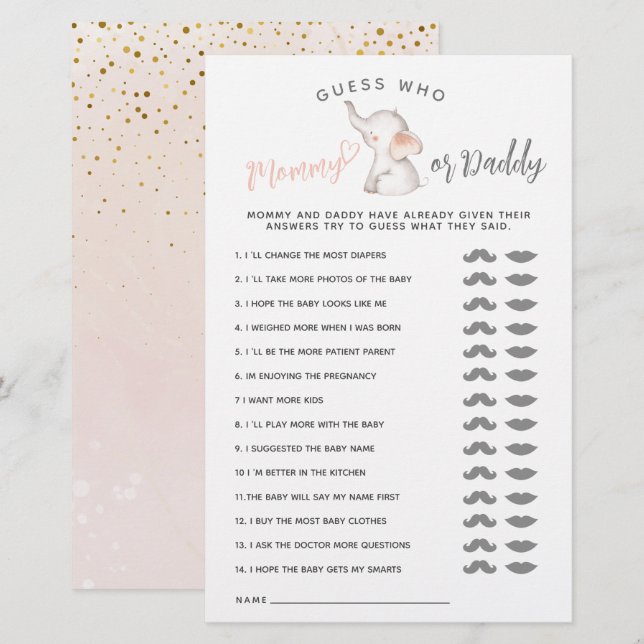 Simple Elephant & Balloon Girl Baby Shower Game (Front/Back)