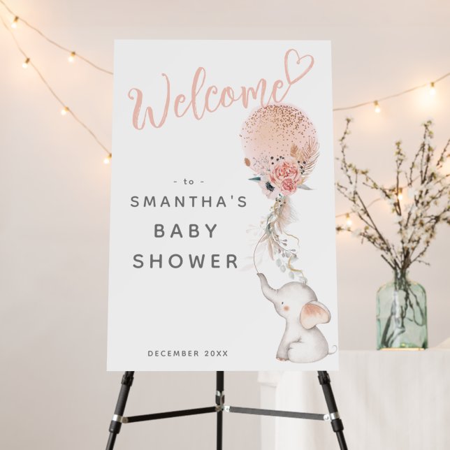 Simple Elephant & Balloon Girl Baby Shower Welcome Foam Board (In Situ (Stand))