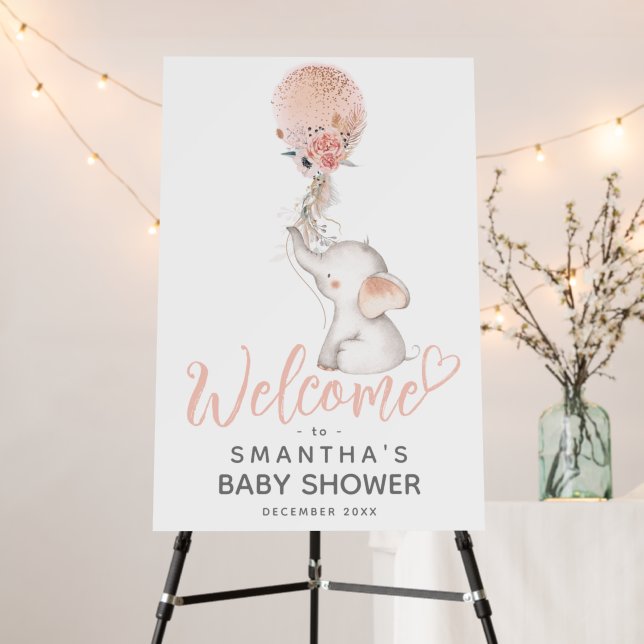 Simple Elephant & Balloon Girl Baby Shower Welcome Foam Board (In Situ (Stand))