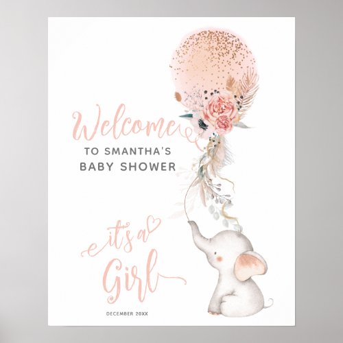 Simple Elephant  Balloon Girl Baby Shower Welcome Poster