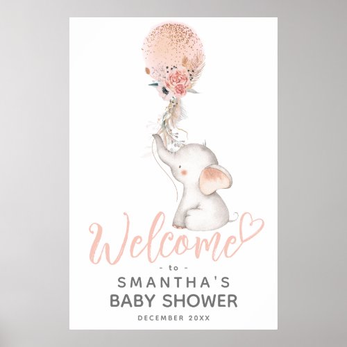 Simple Elephant  Balloon Girl Baby Shower Welcome Poster