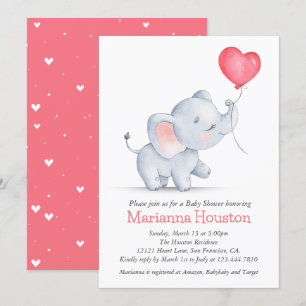 Simple Elephant & Heart Balloon Baby Shower Invitation