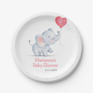 Simple Elephant & Heart Balloon Baby Shower Paper Plates
