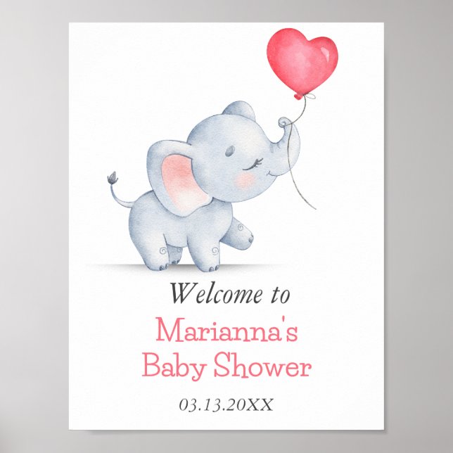 Simple Elephant & Heart Balloon Baby Shower Poster (Front)