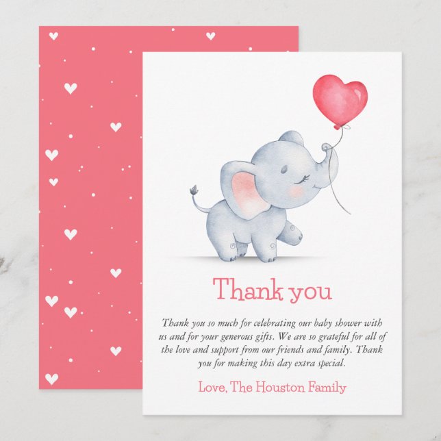 Simple Elephant & Heart Balloon Baby Shower Thank You Card (Front/Back)