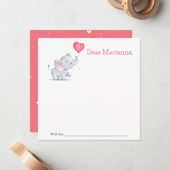 Simple Elephant & Heart Balloon Time Capsule Note Card (Front/Back In Situ)