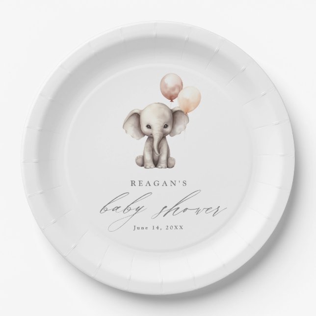 Simple Elephant with Balloons Neutral Baby Shower Paper Plates (Front)