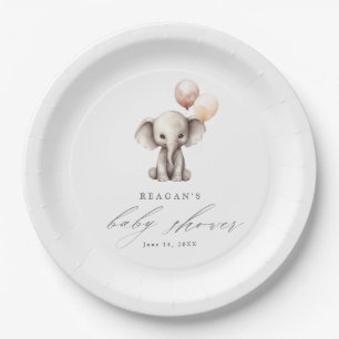 Simple Elephant with Balloons Neutral Baby Shower Paper Plates