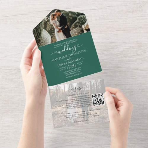 Simple Emeral Green 2 Photo QR Code RSVP Wedding All In One Invitation