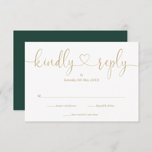 Simple Emerald And Gold Script Heart Kindly Reply RSVP Card