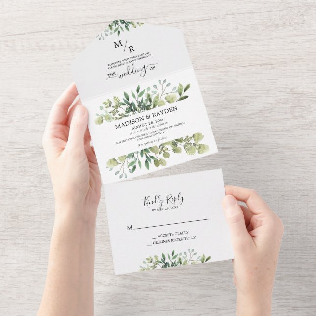 Simple Emerald Floral Botanical Eucalyptus Wedding All In One Invitation (Tearaway)