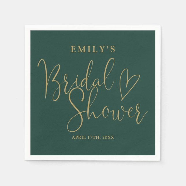 Simple Emerald Green and Gold Script Bridal Shower Napkins (Front)