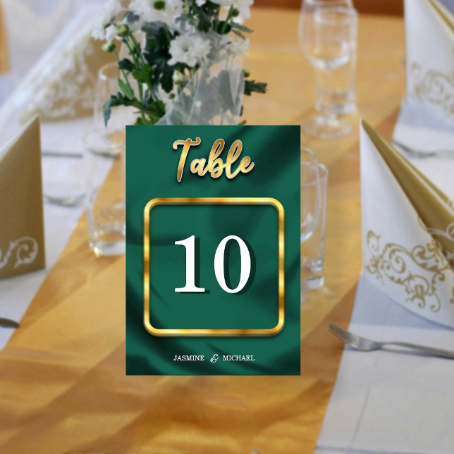 Simple Emerald Green and Gold Script Wedding  Table Number (Creator Uploaded)