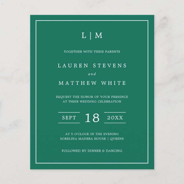 Simple Emerald Green Budget Wedding Invitation (Front)
