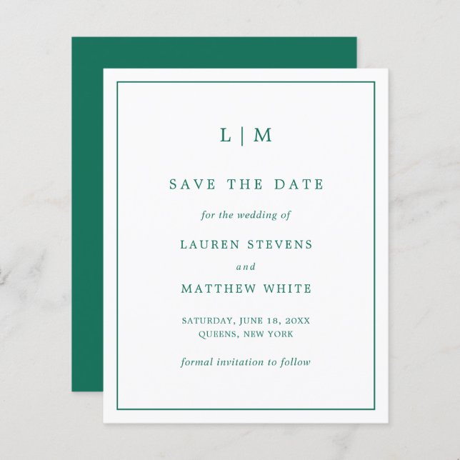 Simple Emerald Green Budget Wedding Save the Date (Front/Back)