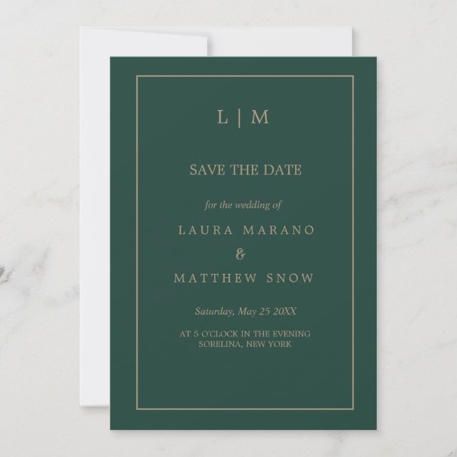 Simple Emerald Green Formal Monogram Wedding  Save The Date (Front)