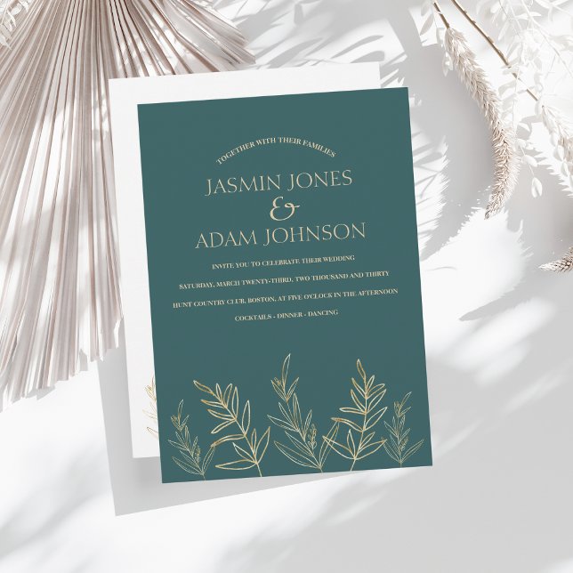 Simple Emerald Green Gold Leaf Wedding Invitation (Creator Uploaded)