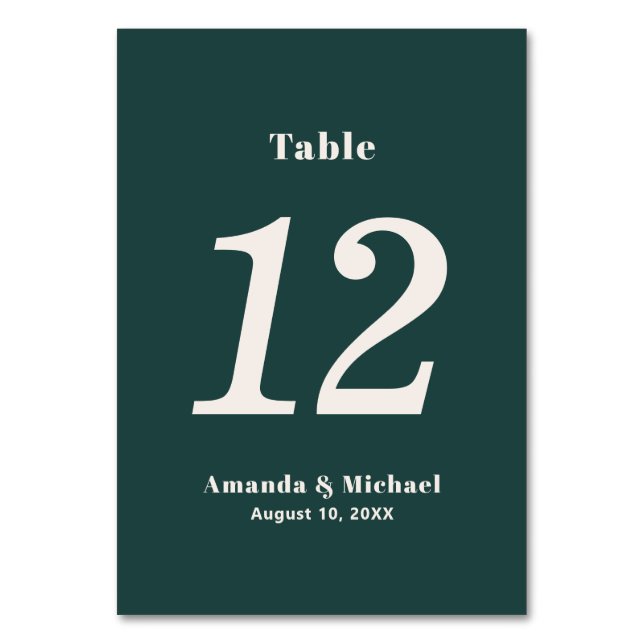 Simple Emerald Green Minimalist Wedding Table Number (Front)