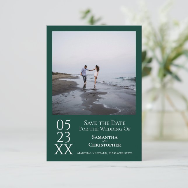 Simple Emerald Green Modern Minimal Photo Wedding Save The Date (Standing Front)