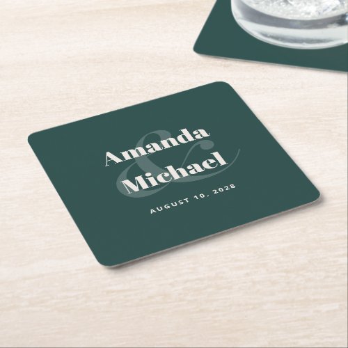 Simple Emerald Green Modern Minimalist Wedding Square Paper Coaster