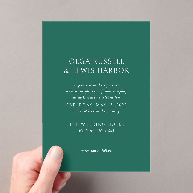 Simple Emerald Green Modern Wedding Acrylic Invitations (Insitu (Handheld))