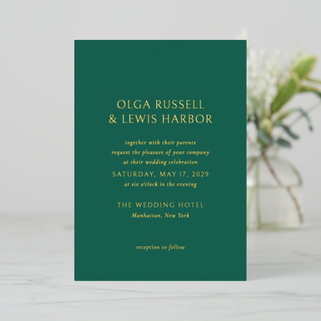 Simple Emerald Green Modern Wedding Foil Invitation (Standing Front)