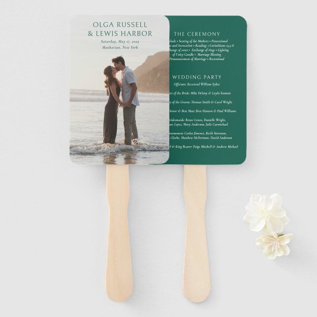 Simple Emerald Green Modern Wedding Program Hand Fan (Front and Back)