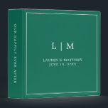 Simple Emerald Green Monogram Elegant Wedding 3 Ring Binder<br><div class="desc">Simple wedding binder featuring a modern yet elegant design with your two letter monogram along with your names and wedding date surrounded by a thin border. All text is in white over a jewel tone emerald green background. The fonts and background colors may be changed to any colors you wish....</div>