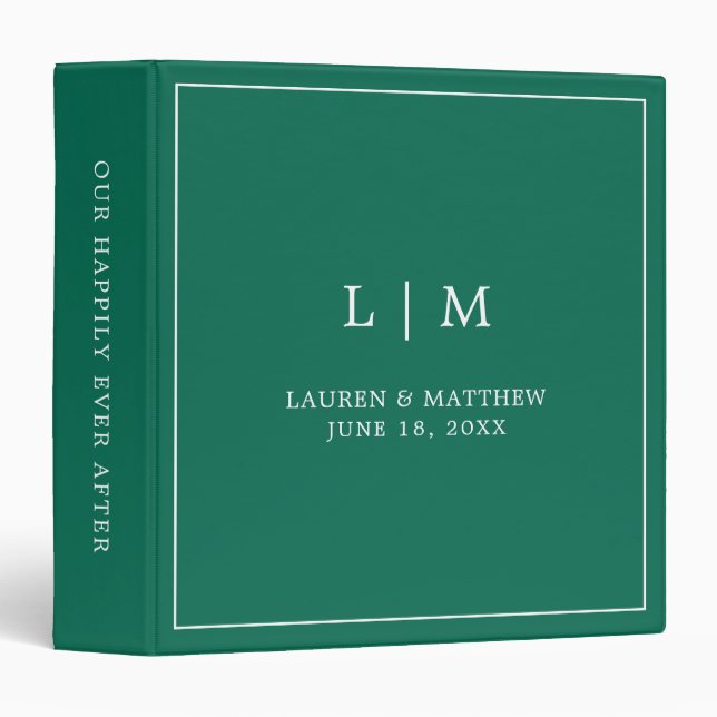Simple Emerald Green Monogram Elegant Wedding 3 Ring Binder (Front/Spine)