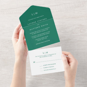 Simple Emerald Green Monogram Elegant Wedding All In One Invitation