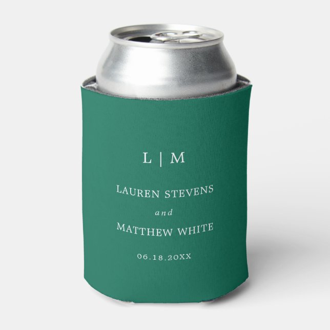Simple Emerald Green Monogram Elegant Wedding Can Cooler (Can Front)