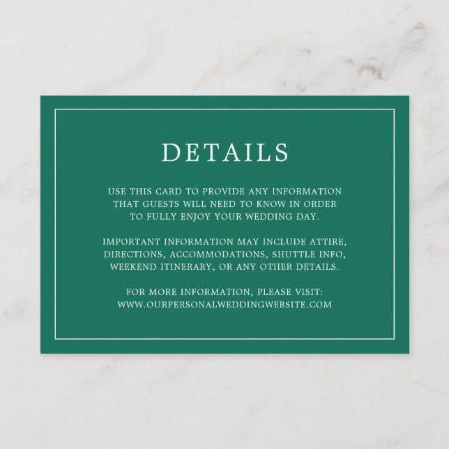 Simple Emerald Green Monogram Elegant Wedding Enclosure Card (Front)