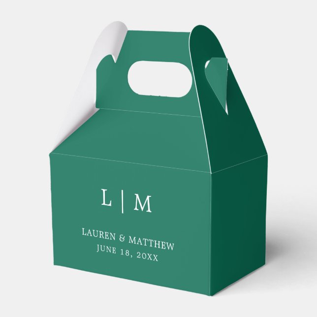 Simple Emerald Green Monogram Elegant Wedding Favor Boxes (Front Side)