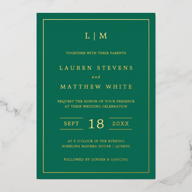 Simple Emerald Green Monogram Elegant Wedding Foil Invitation (Front)