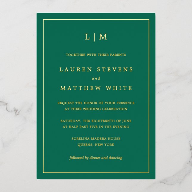 Simple Emerald Green Monogram Elegant Wedding Foil Invitation (Front)