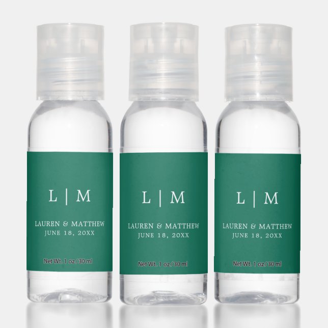 Simple Emerald Green Monogram Elegant Wedding Hand Sanitizer (Set)