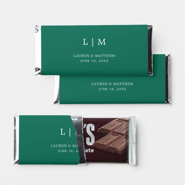 Simple Emerald Green Monogram Elegant Wedding Hershey Bar Favors (Front)