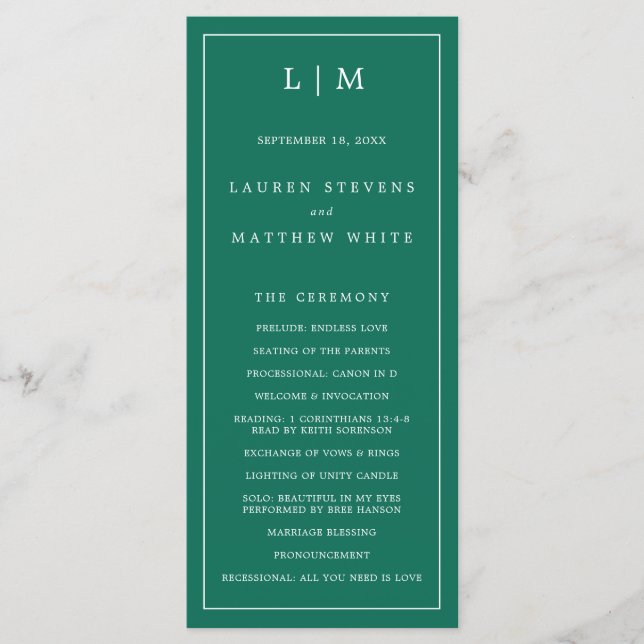 Simple Emerald Green Monogram Elegant Wedding Program (Front)