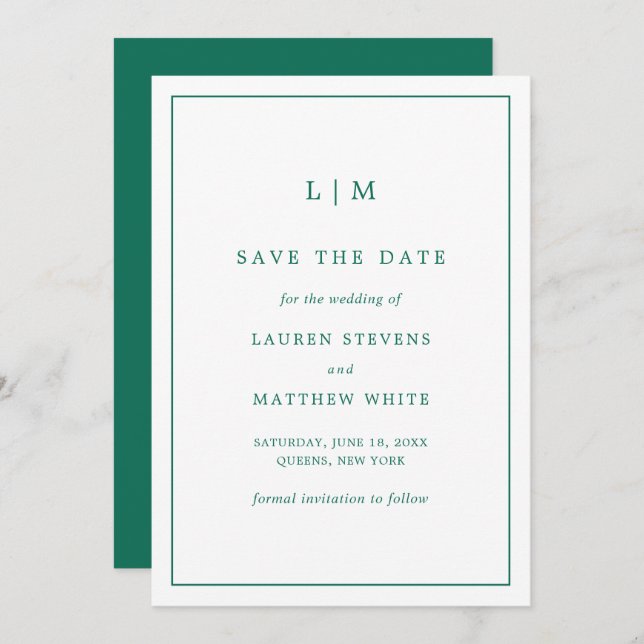 Simple Emerald Green Monogram Elegant Wedding Save The Date (Front/Back)