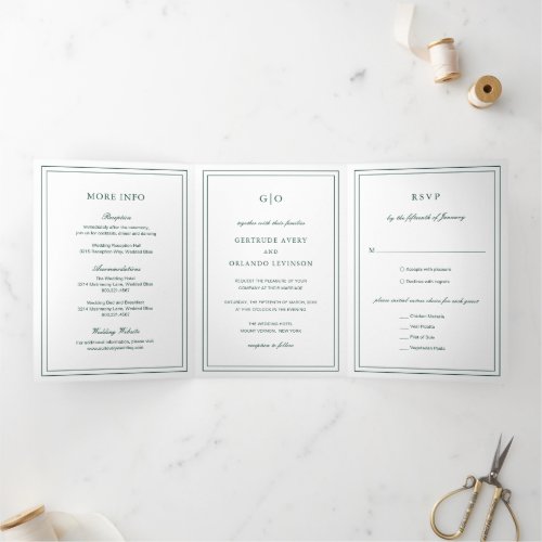 Simple Emerald Green Monogram Elegant Wedding Tri_Fold Invitation