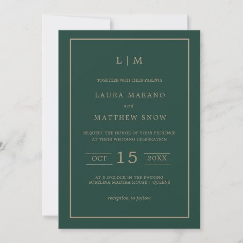 Simple Emerald Green Monogram Modern Wedding Invitation