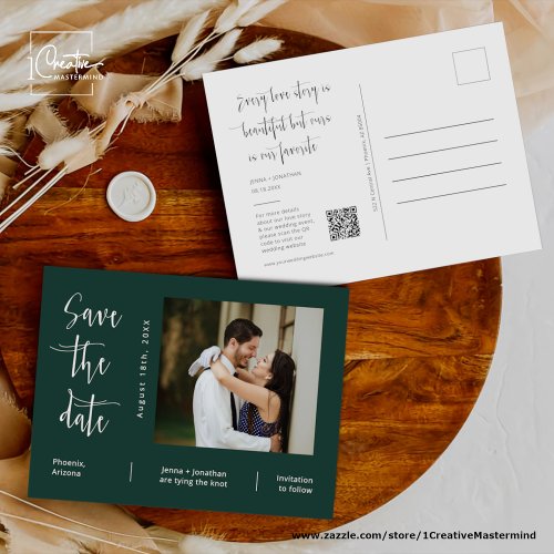 Simple Emerald Green Photo QR Code Save The Date Postcard