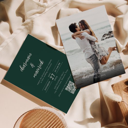 Simple Emerald Green Script Photo QR Code Wedding Invitation