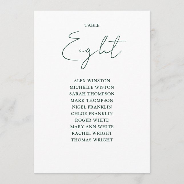 Simple Emerald Green Seating Chart Table Number (Front)