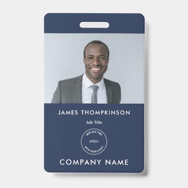 Simple Employee Photo ID Name Logo Navy Blue Badge (Front)