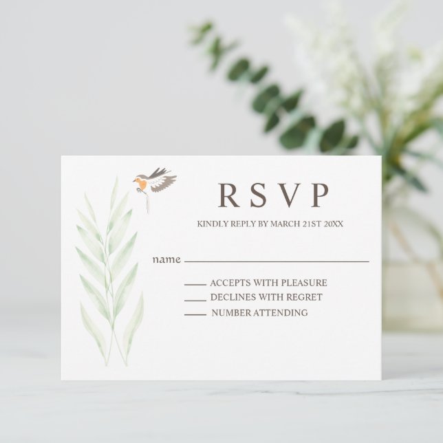 Simple Endangered Fern With Robin RSVP Card (Standing Front)