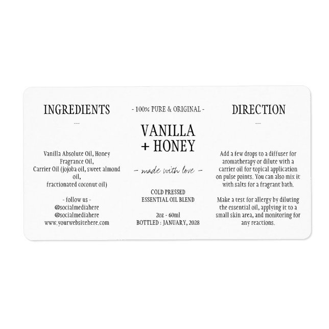 Simple Essential Oil Cosmetic Bottle Wrap Around Label (Front)