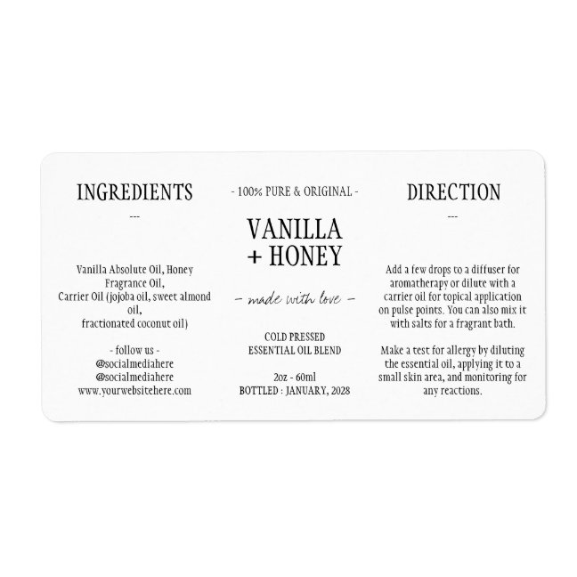 Simple Essential Oil Cosmetic Bottle Wrap Around Label